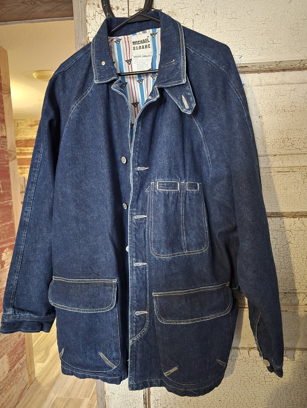 Mens Vintage 1980's Michael Sloane Utility Lined Denim Jacket Coat Excellent LG